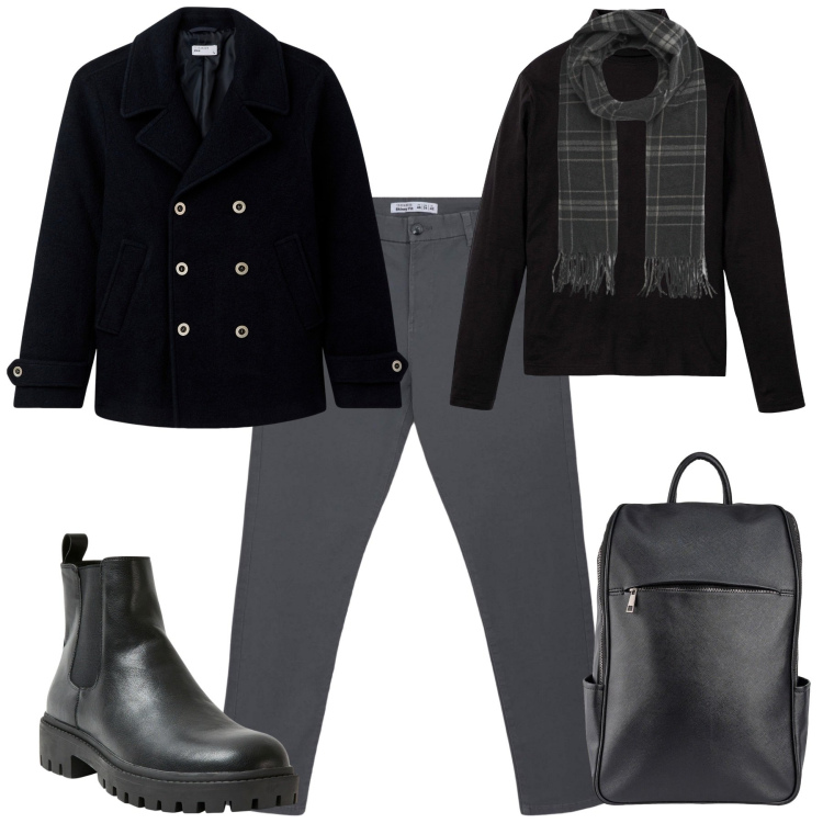 Outfit uomo - Università. Stile Urban per Tutti i giorni. Abbinamento con maglieria, pantaloni chino, sciarpe, stivali e stivaletti, cappotti, borse sportive.