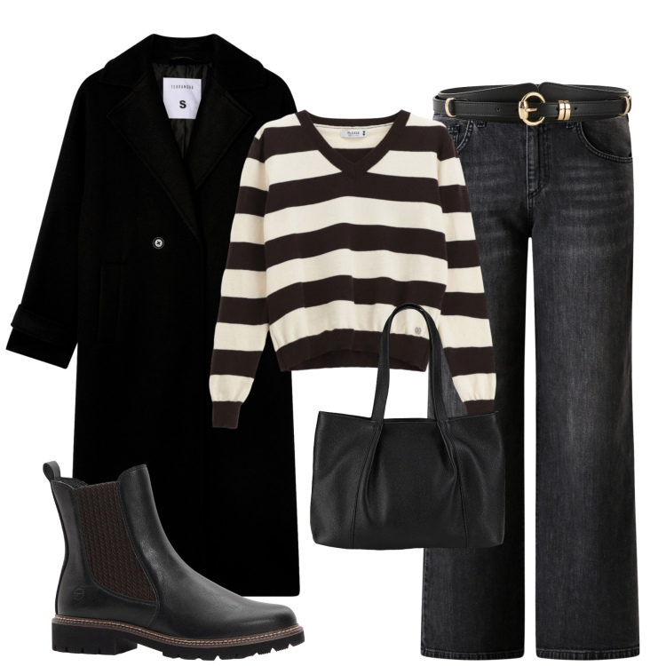 Outfit donna - City. Stile Casual chic per Tutti i giorni. Abbinamento con cinture, shopping bag, stivaletti chelsea, cappotti, maglieria, jeans dritti.