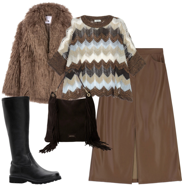 Outfit donna - La maglia versatile. Stile Urban per Tutti i giorni. Abbinamento con stivali, ecopellicce, borse a spalla, gonne longuette, maglieria.