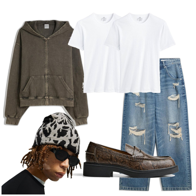 Outfit hombre - Urban #5188. Estilo Urban para Todos los días. Combinación con sudaderas, vaqueros rotos, zapatos con cordones, gorros, camiseta.