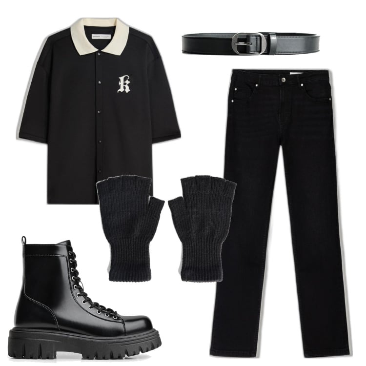 Outfit hombre - Biker Rock #336. Estilo Biker Rock para Todos los días. Combinación con vaqueros pitillo, cinturones, camisas de manga corta, botas y botines, guantes.