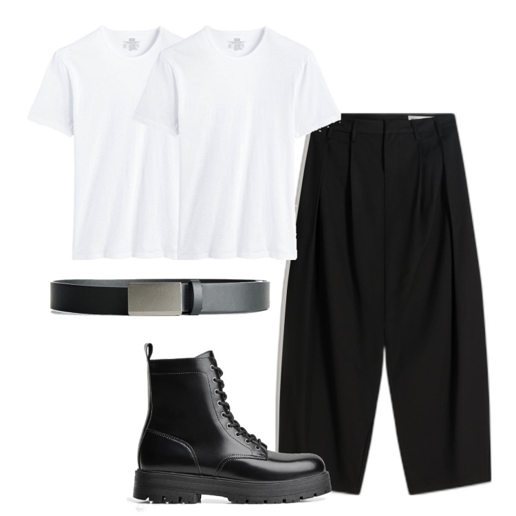 Outfit hombre - Biker Rock #337. Estilo Biker Rock para Todos los días. Combinación con cinturones, botas y botines, pantalones, camiseta.