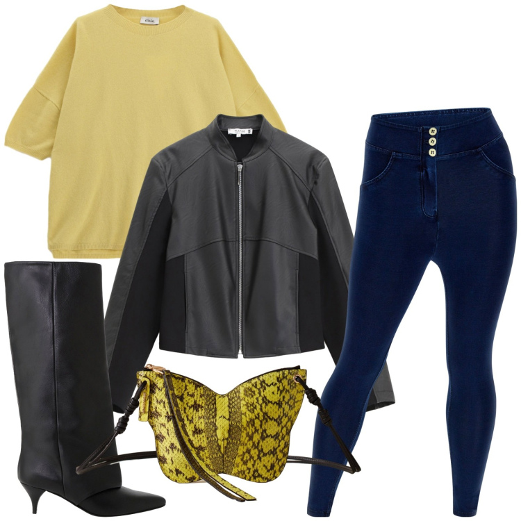Outfit donna - Indossare i jeans. Stile Minimal per Tutti i giorni. Abbinamento con blazer, stivali, maglieria, borse a tracolla, jeggings.