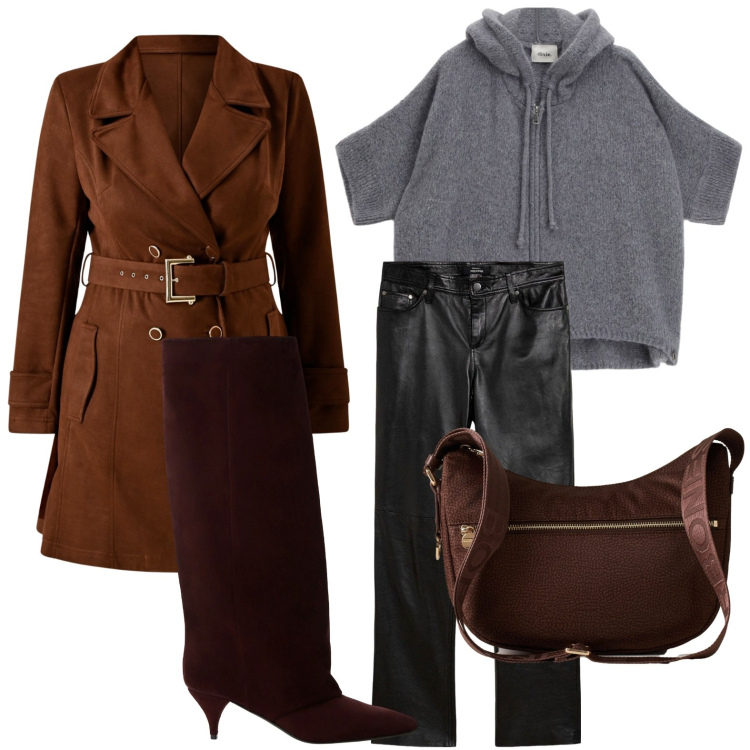 Outfit donna - Il cappotto marrone bruciato. Stile Minimal per Tutti i giorni. Abbinamento con pantaloni, borse a spalla, trench, cardigans, stivali.