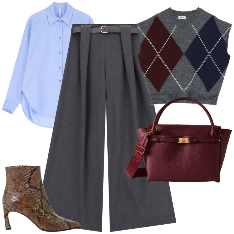 Outfit donna - City. Stile Chic per Tutti i giorni. Abbinamento con borse a mano, gilet, pantaloni, stivaletti, camicie.