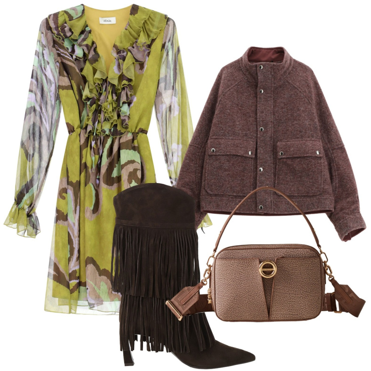 Outfit donna - Stampa vivace. Stile Bon Ton per Tutti i giorni. Abbinamento con caban, vestiti, stivali, borse a spalla.