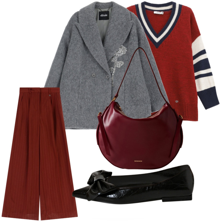 Outfit donna - Il cappotto autunnale. Stile Minimal per Tutti i giorni. Abbinamento con ballerine, maglieria, cappotti, pantaloni a palazzo, borse a spalla.