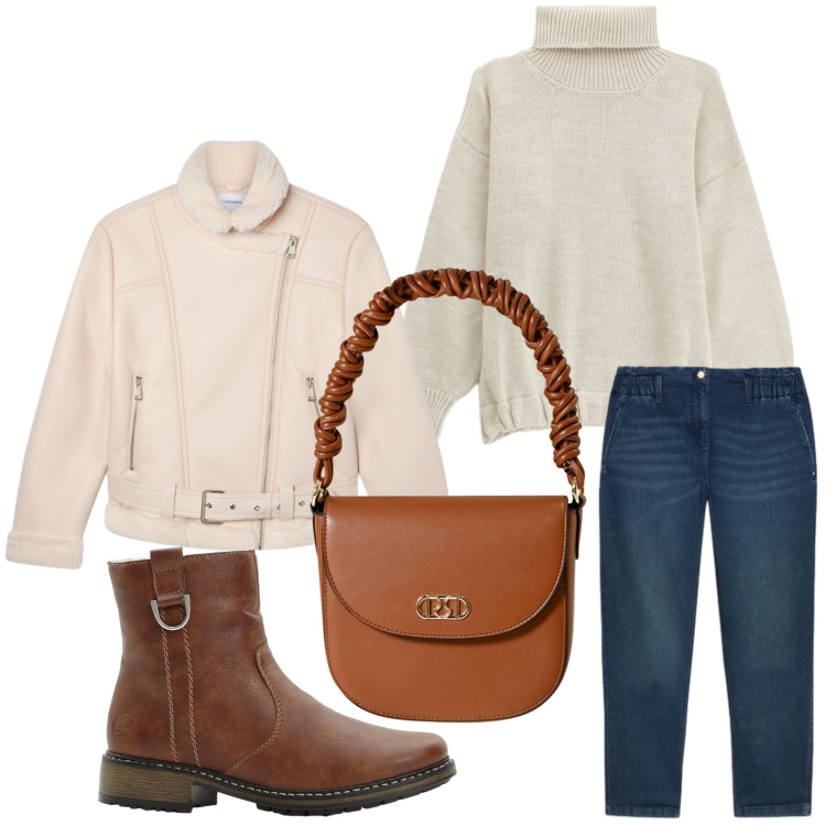Outfit donna - Il biker passpartout. Stile Minimal per Tutti i giorni. Abbinamento con stivaletti, bomber, maglieria, borse a mano, jeans.