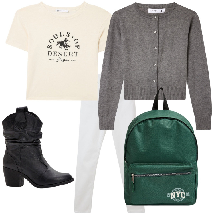 Outfit donna - Lo zaino smeraldo. Stile Minimal per Scuola/Università. Abbinamento con stivaletti texani, zaini, t-shirt, pantaloni skinny, cardigans.