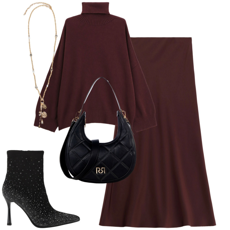 Outfit donna - Monochrome. Stile Trendy per Serata fuori. Abbinamento con borse a tracolla, gonne lunghe, stivaletti, maglieria, ciondoli.