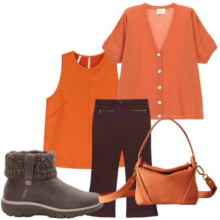 Outfit donna - Orange day. Stile Minimal per Ufficio. Abbinamento con stivaletti, cardigans, borse a spalla, top, pantaloni.