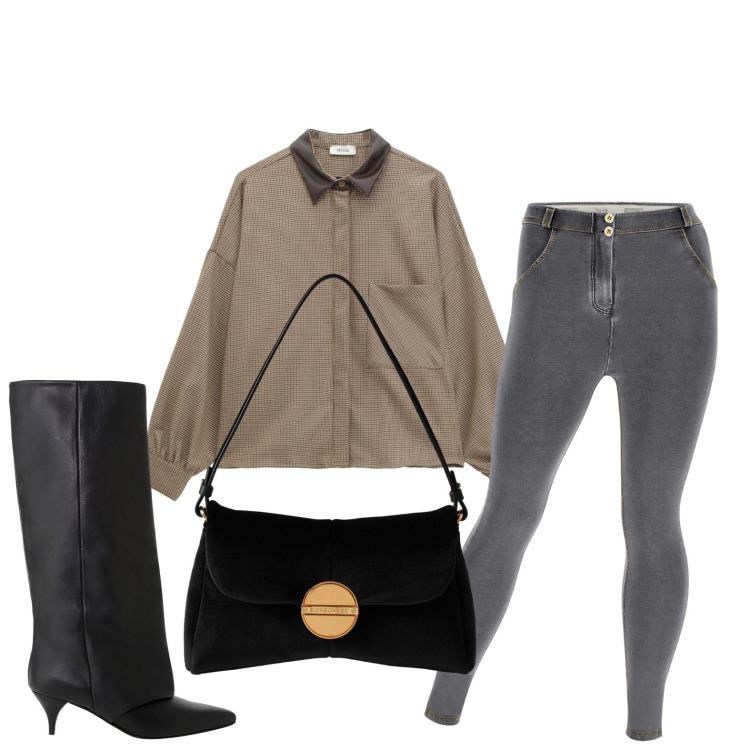 Outfit donna - La camicia minimal. Stile Minimal per Tutti i giorni. Abbinamento con stivali, camicie, borse a tracolla, jeggings.