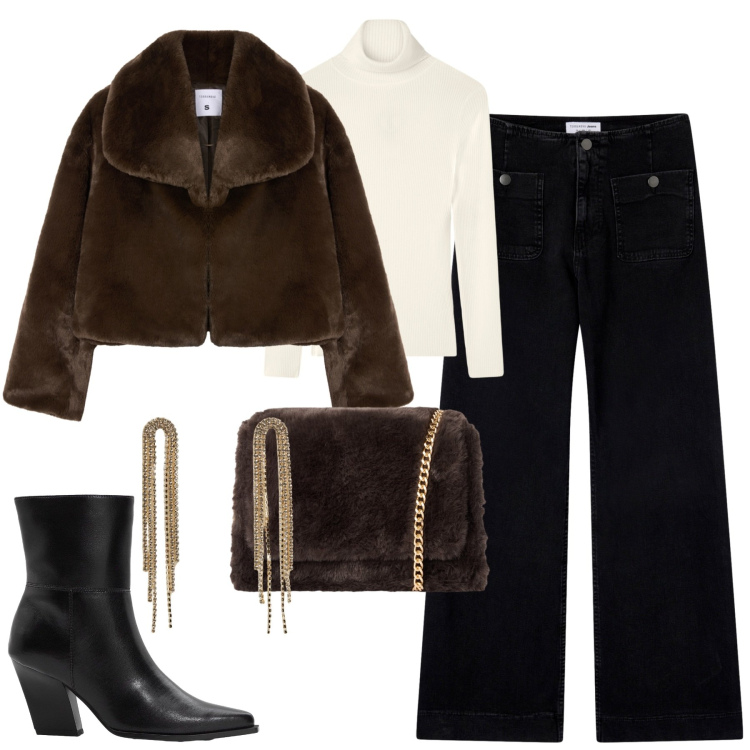 Outfit donna - City. Stile Casual chic per Tutti i giorni. Abbinamento con stivaletti, orecchini, maglieria, jeans, borse a tracolla, ecopellicce.