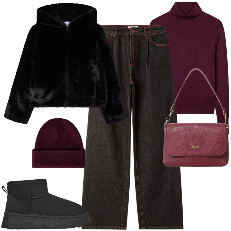Outfit donna - Total look #2272035. Stile Casual chic per Tutti i giorni. Abbinamento con maglieria, stivaletti, jeans dritti, ecopellicce, berretti, borse a tracolla.