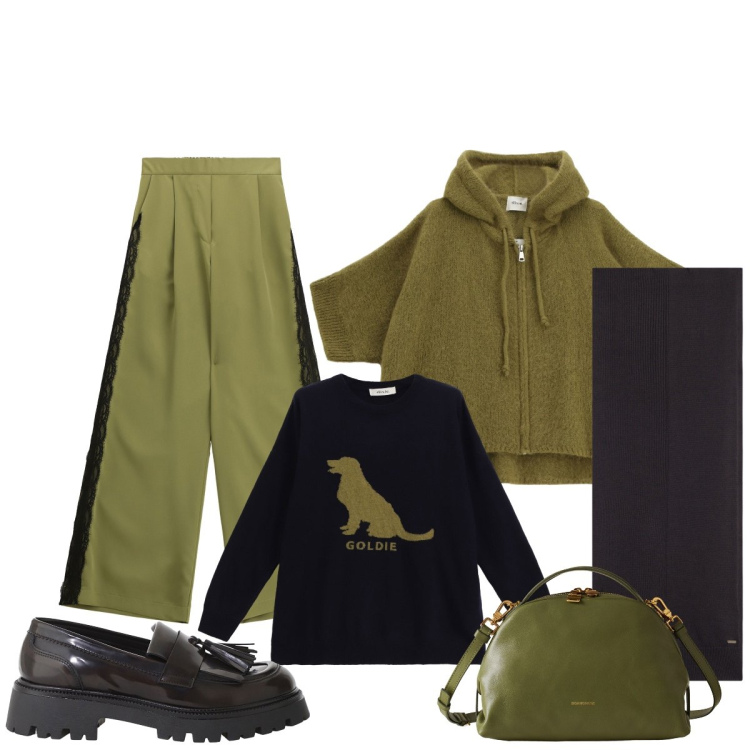 Outfit donna - Sporty chic in verde e nero. Stile Sporty chic per Tutti i giorni. Abbinamento con borse a mano, maglieria, mocassini, cardigans, pantaloni a palazzo, sciarpe.