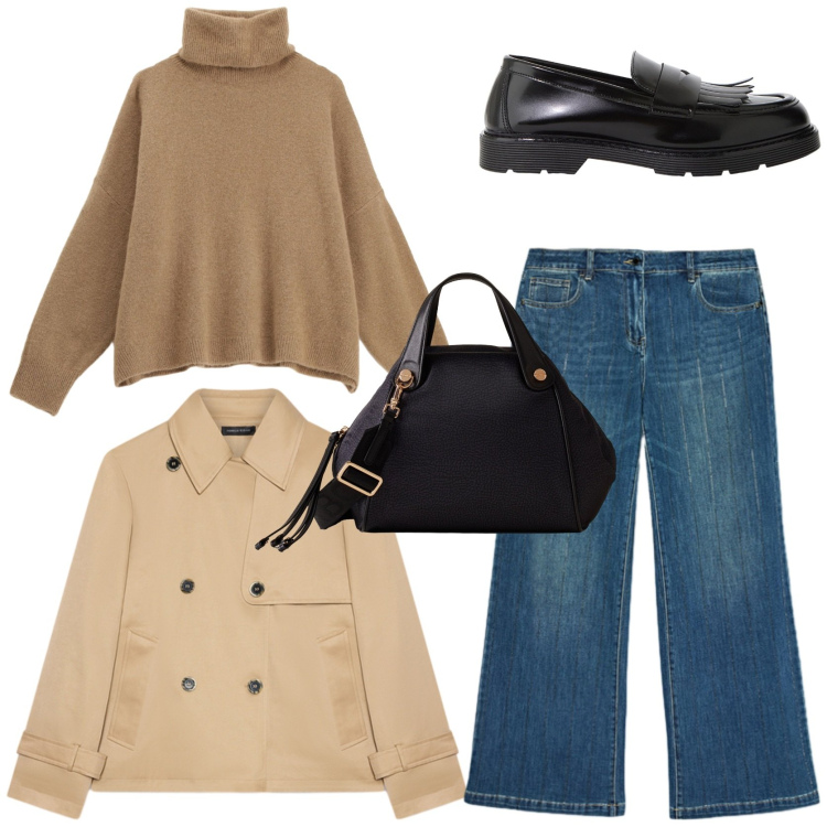 Outfit donna - Urban. Stile Urban per Tutti i giorni. Abbinamento con mocassini, borse a mano, maglieria, trench, jeans dritti.