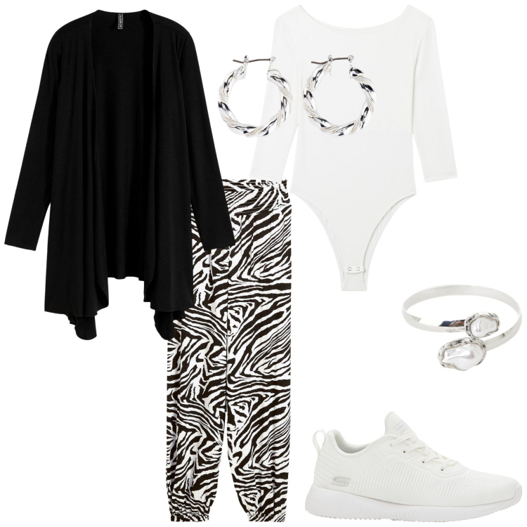 Outfit donna - Un po\' di savana. Stile Casual per Tutti i giorni. Abbinamento con pantaloni a palazzo, cardigans, sneakers, orecchini, body, braccialetti.