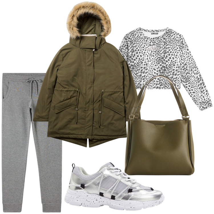 Outfit donna - È tempo di parka. Stile Casual per Tutti i giorni. Abbinamento con sneakers, borse a mano, parka, pantaloni, felpe.
