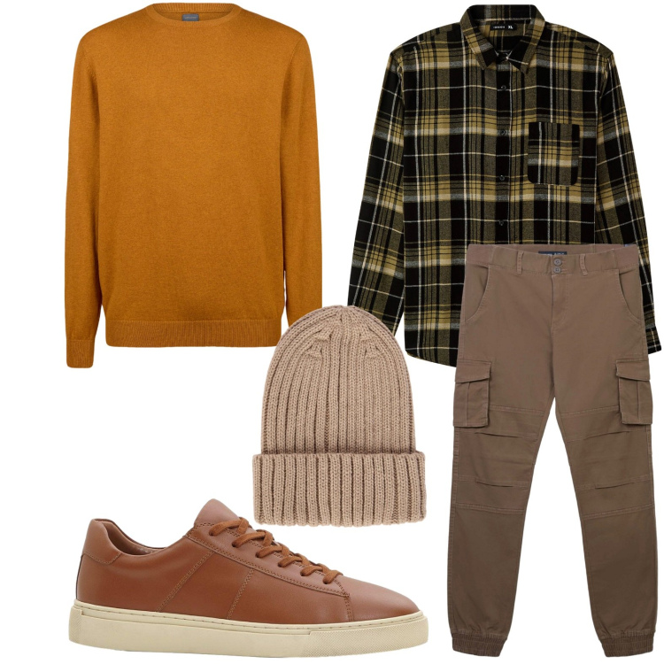 Outfit uomo - Tono su tono autunnale. Stile Casual per Tutti i giorni. Abbinamento con sneakers, camicie, pantaloni cargo, maglieria, berretti.