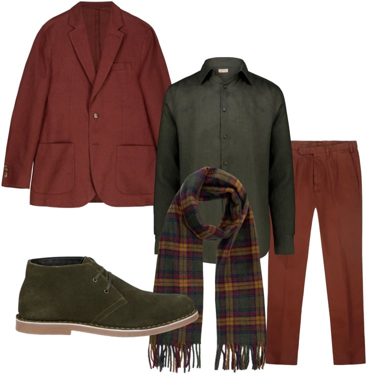Outfit uomo - Tono su tono autunnale. Stile Casual per Ufficio. Abbinamento con giacche, pantaloni, camicie, stivali e stivaletti, sciarpe.