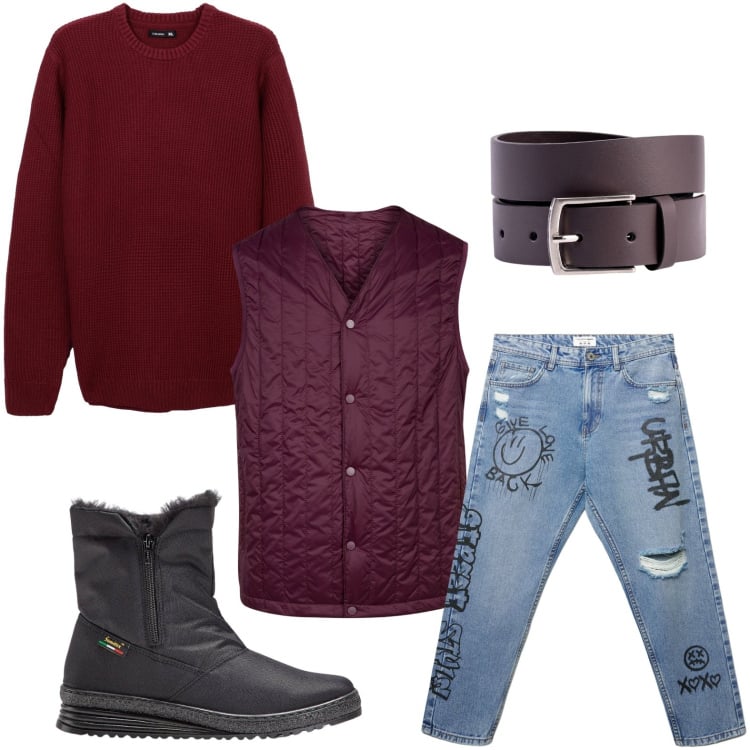 Outfit uomo - Combinazione wine. Stile Casual per Tutti i giorni. Abbinamento con stivali e stivaletti, maglieria, jeans strappati, piumini, cinture.