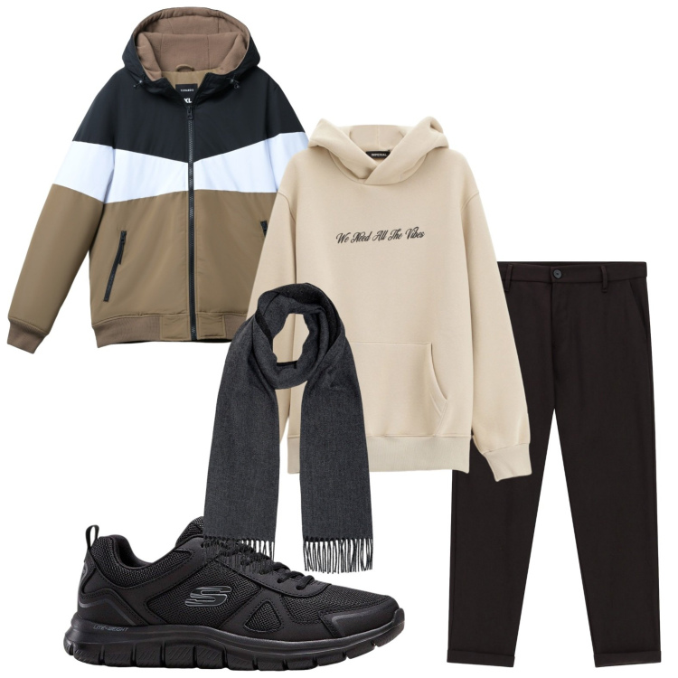 Outfit uomo - Comodo. Stile Trendy per Tutti i giorni. Abbinamento con sneakers, piumini, pantaloni, felpe con cappuccio, sciarpe.