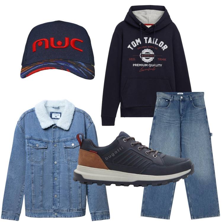 Outfit uomo - Ossessione jeans. Stile Casual per Tutti i giorni. Abbinamento con sneakers, felpe con cappuccio, cappelli con visiera, giacche, jeans.