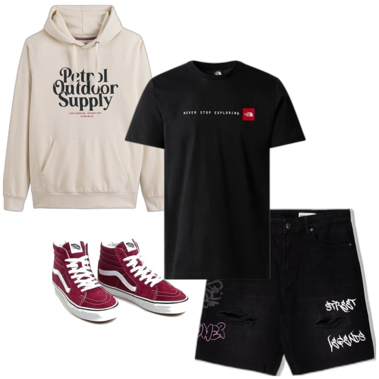 Outfit hombre - Casual look. Estilo Casual para Todos los días. Combinación con sneakers, bermudas, camiseta, sudaderas con capucha.