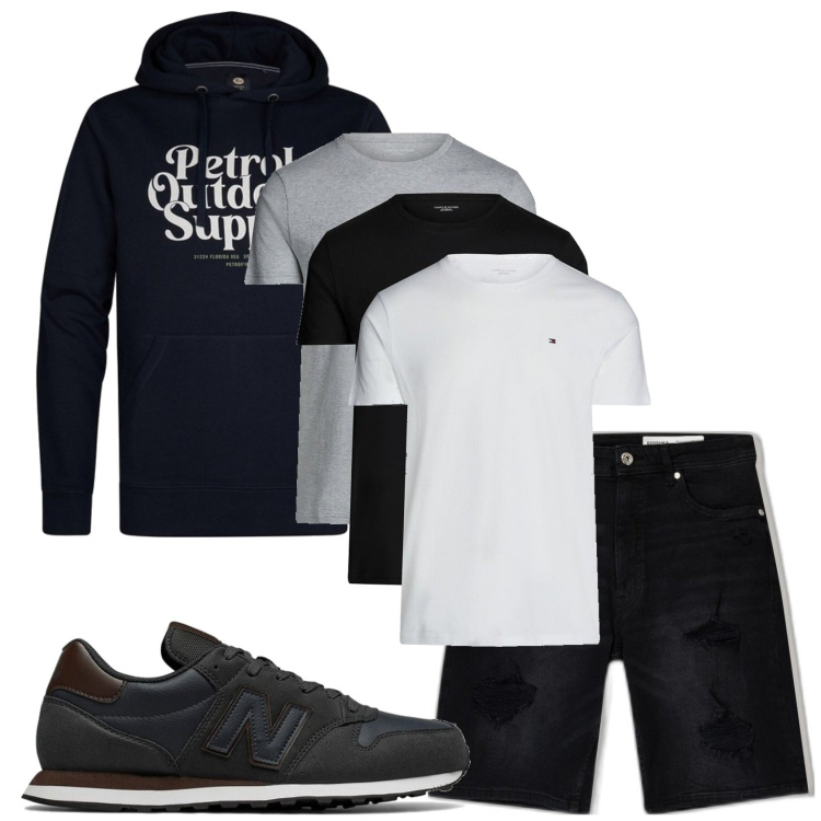 Outfit hombre - Casual look. Estilo Casual para Todos los días. Combinación con camiseta, sudaderas con capucha, bermudas, sneakers.