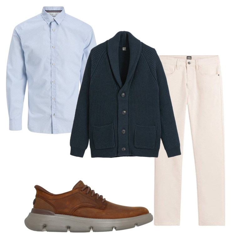 Outfit hombre - Urban look. Estilo Urban para Oficina. Combinación con vaqueros, cárdigans, camisas, zapatos con cordones.