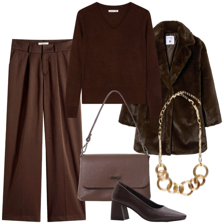 Outfit donna - W il cioccolato. Stile Casual chic per Ufficio. Abbinamento con décolleté, pantaloni, maglieria, cappotti, borse a tracolla, collane.