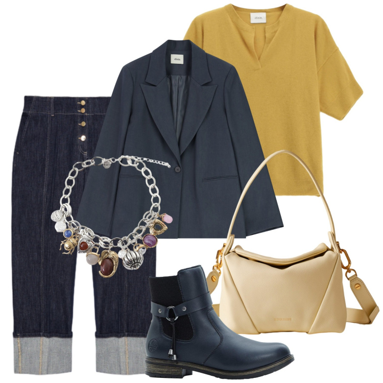 Outfit donna - Un tocco di senape. Stile Casual chic per Ufficio. Abbinamento con stivaletti chelsea, maglieria, braccialetti con ciondoli, blazer, borse a spalla, jeans.