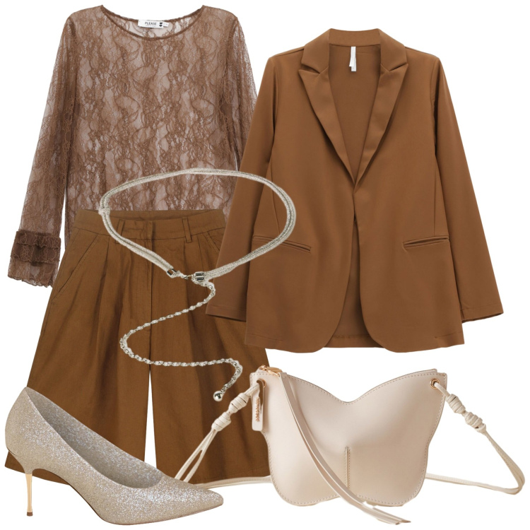 Outfit donna - Bermuda eleganti. Stile Glamour per Serata fuori. Abbinamento con top, borse a tracolla, décolleté, blazer, bermuda, cinture.
