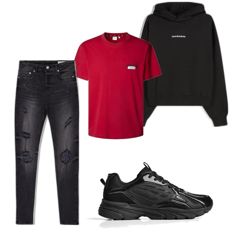 Outfit hombre - Casual look. Estilo Casual para Todos los días. Combinación con vaqueros rotos, sudaderas con capucha, camiseta, sneakers.