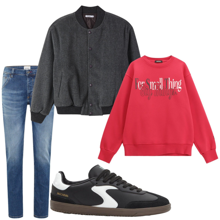 Outfit uomo - Felpa con scritta. Stile Casual per Tutti i giorni. Abbinamento con sneakers, jeans dritti, bomber, felpe.