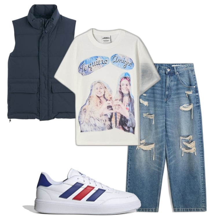 Outfit hombre - Casual look. Estilo Casual para Todos los días. Combinación con chalecos, camiseta, vaqueros rotos, sneakers.