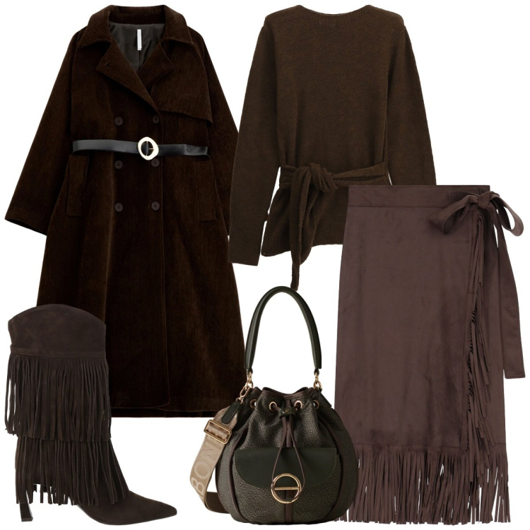 Outfit donna - W il cioccolato. Stile Urban per Tutti i giorni. Abbinamento con borse a secchiello, cappotti, gonne, stivali, maglieria.