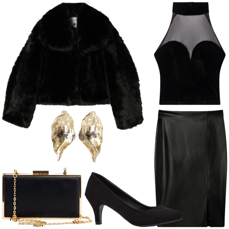 Outfit donna - Spooky Halloween: Chic Outfit. Stile Chic per Serata fuori. Abbinamento con décolleté, top, gonne longuette, blazer, orecchini, pochette.