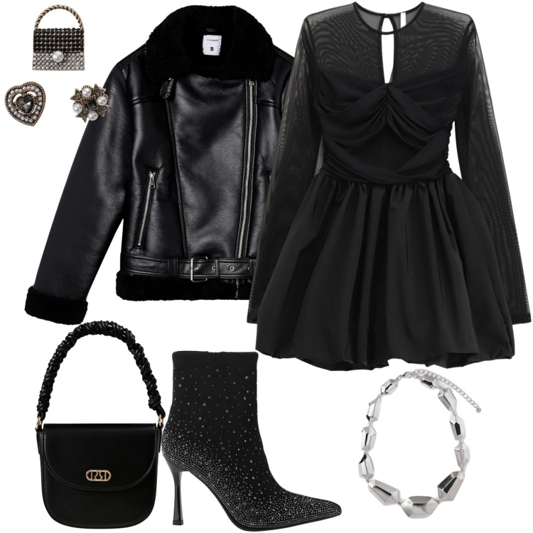 Outfit donna - Halloween Outfit. Stile Casual chic per Serata fuori. Abbinamento con giacche, borse a mano, vestiti corti, stivaletti, accessori per capelli, ciondoli.