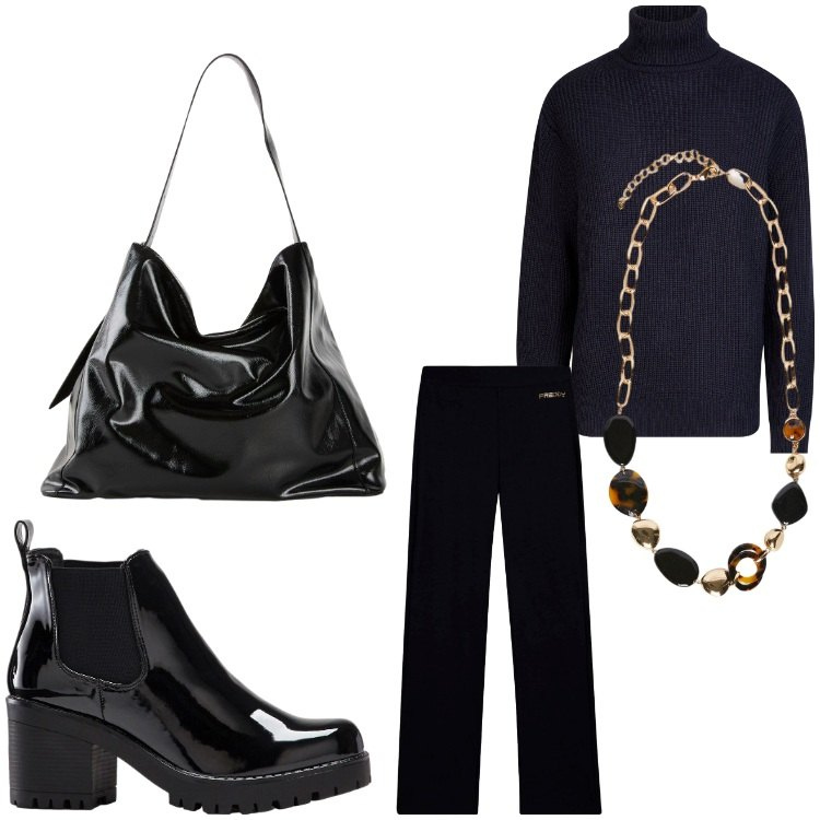 Outfit donna - Nero chic. Stile Chic per Serata fuori. Abbinamento con shopping bag, stivaletti, pantaloni, maglieria, collane.