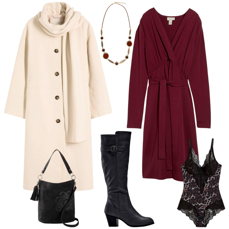 Outfit donna - Total look #2272093. Stile Casual chic per Tutti i giorni. Abbinamento con vestiti lunghi, body, cappotti, stivali, borse a mano, collane.