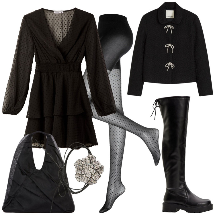 Outfit donna - Black halloween. Stile Sexy per Tutti i giorni. Abbinamento con stivali sopra il ginocchio, blazer, collant, vestiti corti, collane, shopping bag.