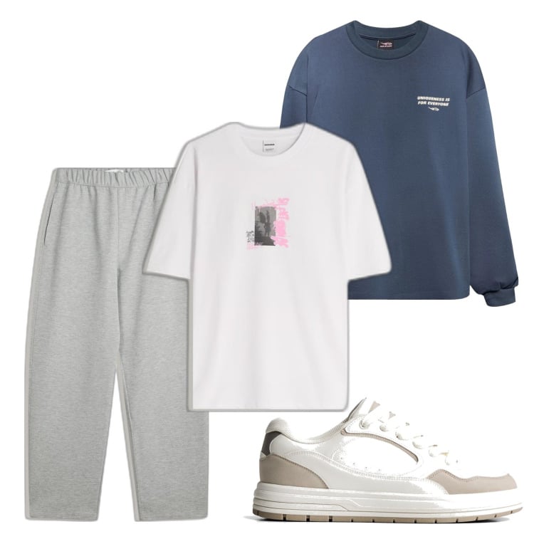 Outfit hombre - Casual look. Estilo Casual para Deporte. Combinación con pantalones, camiseta, camiseta, sneakers.