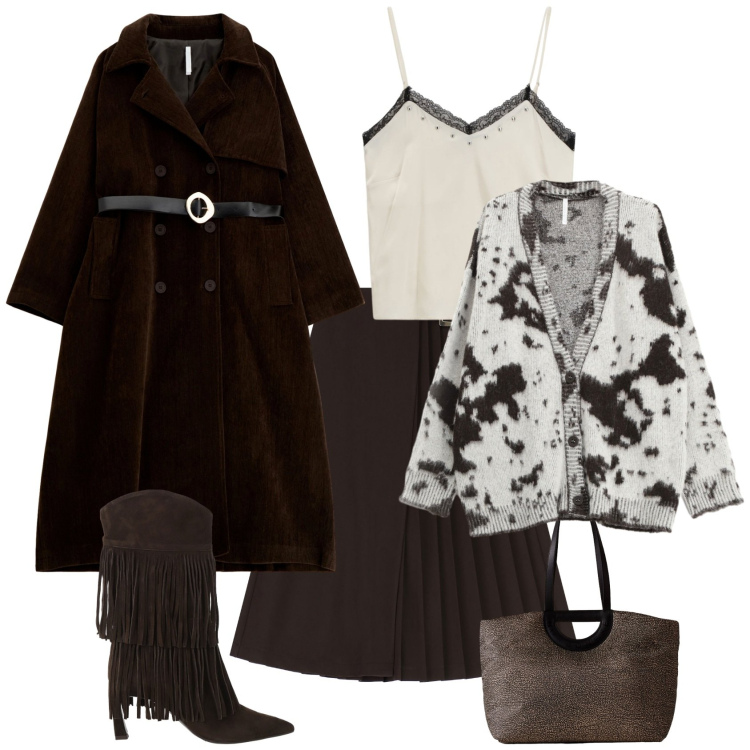 Outfit donna - Total look #2272103. Stile Casual chic per Tutti i giorni. Abbinamento con top, stivali, shopping bag, cardigans, cappotti, gonne longuette.
