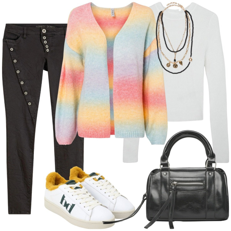 Outfit donna - Cardigan multicolore. Stile Casual chic per Tutti i giorni. Abbinamento con cardigans, pantaloni, borse a mano, maglieria, sneakers, collane.