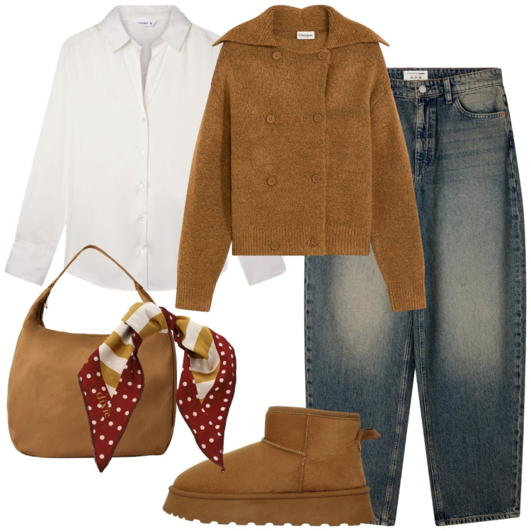 Outfit donna - Senape non c\'era. Stile Sporty chic per Tutti i giorni. Abbinamento con cardigans, camicie, borse a mano, jeans, stivali, foulard.