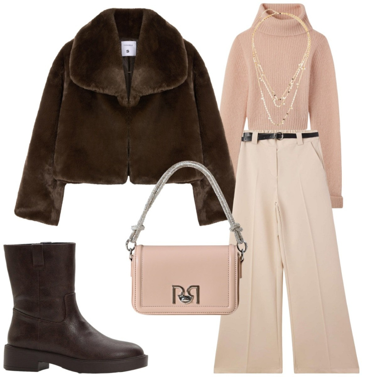 Outfit donna - Cioccolato fondente. Stile Casual chic per Tutti i giorni. Abbinamento con collane, stivaletti, maglieria, pantaloni, ecopellicce, borse a mano.