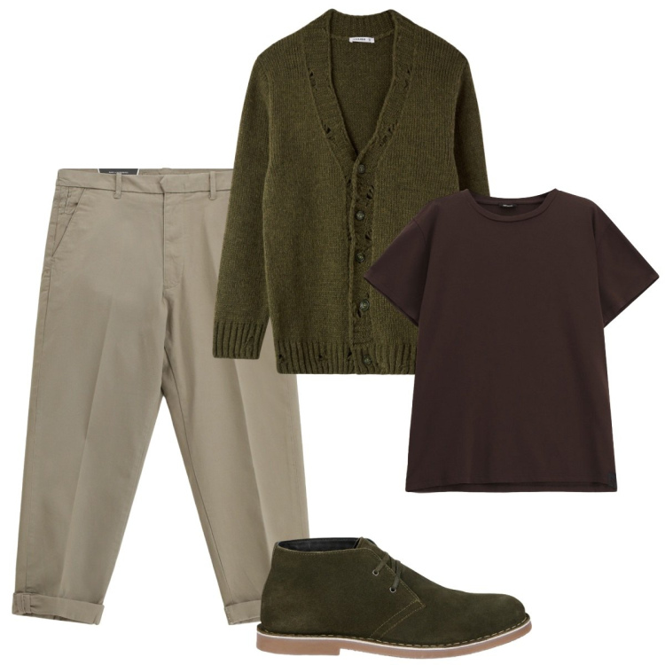 Outfit uomo - Total look #2272118. Stile Trendy per Tutti i giorni. Abbinamento con cardigans, t-shirt, pantaloni chino, stivali e stivaletti.