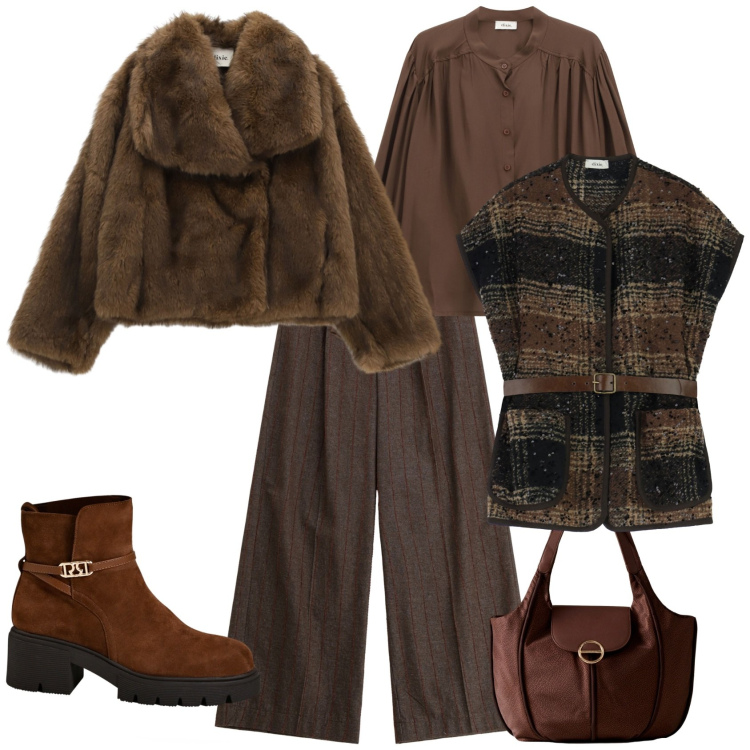 Outfit donna - Total look #2272121. Stile Casual chic per Tutti i giorni. Abbinamento con gilet, blazer, pantaloni a palazzo, camicie, shopping bag, stivaletti.