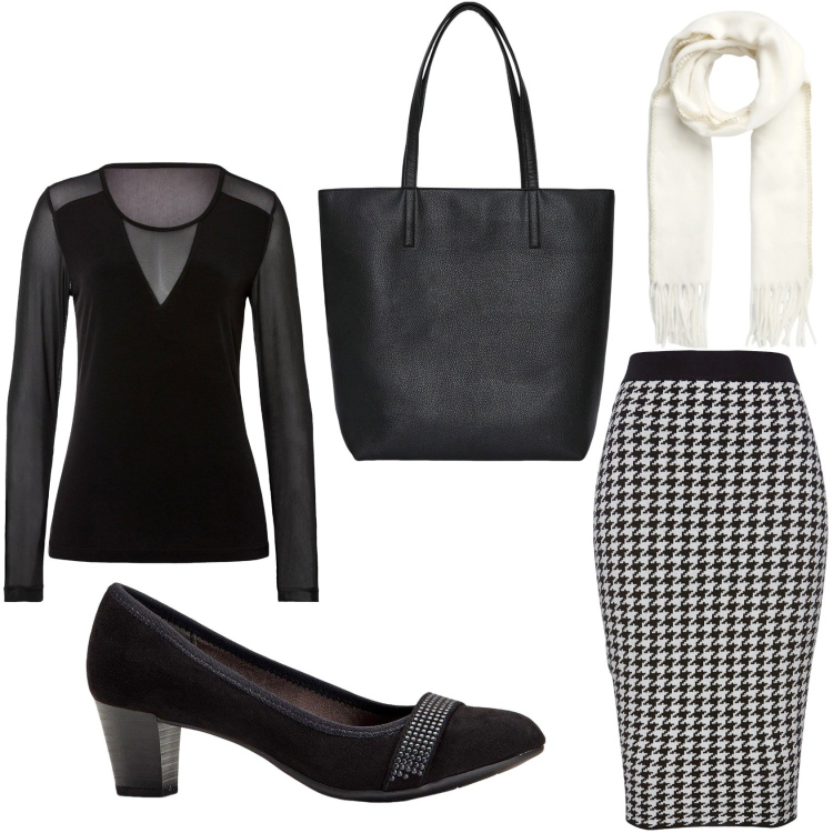 Outfit donna - La gonna boucle\'. Stile Bon Ton per Ufficio. Abbinamento con gonne, décolleté, maglieria, borse tote, sciarpe.